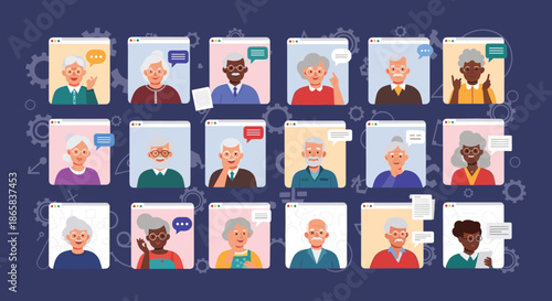 Large grid of diverse senior citizens shown in video call windows, representing elderly people using technology for social connection.