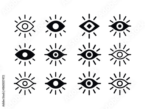 Curiosity Logo Variations. Curiosity. Icon set. Set Logo of Curiosity: open eye with radiating lines symbolizing awareness. harmonious logo variations of the