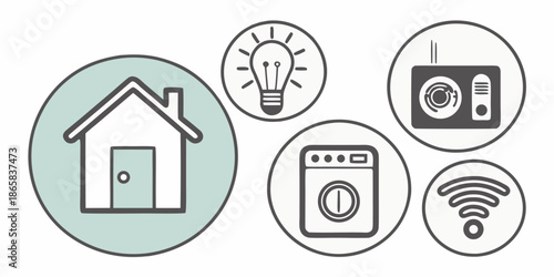 Various smart home technology icons depict concepts like security, lighting, laundry, and wireless connectivity surrounding a.