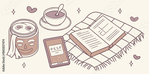 Self-care items including a face mask, book, e-reader, and hot beverage are arranged on a cozy blanket.
