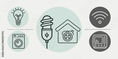 Smart home technology icons illustrate concepts like energy efficiency, connectivity, and automated appliances.