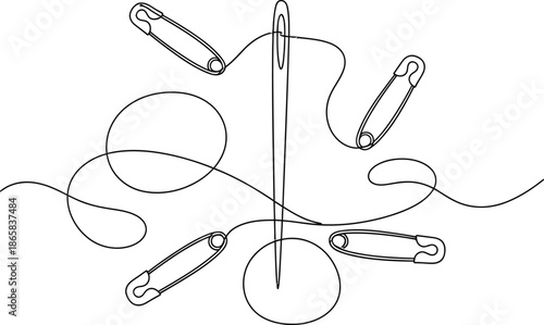 Continuous line drawing of safety pins and needle isolated on white background. 