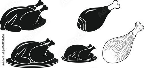 Set of Roasted Whole Chicken and Drumstick Vector Silhouettes and Line Art Illustrations for Food Menu Design and Catering Advertising