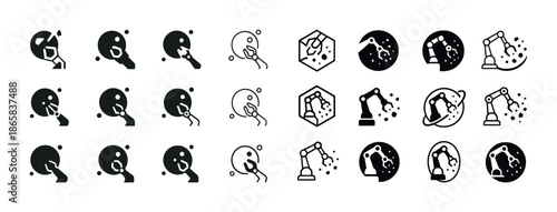 Set of robotic arm icons in various geometric shapes performing tasks