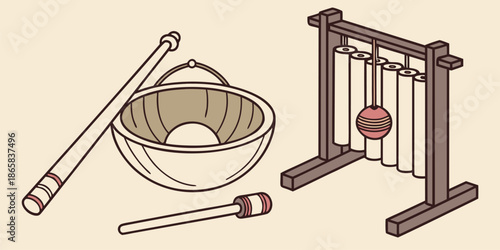 A collection of Buddhist meditation instruments includes a hanging gong, a singing bowl, and hanging chimes with strikers.