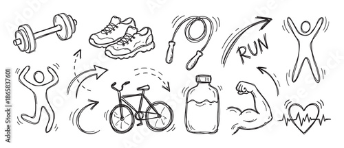 Hand-drawn fitness and exercise doodle icons set with a dumbbell, sneakers, bicycle, jump rope, and heart symbol, illustrating a healthy and active lifestyle concept in a sketch style