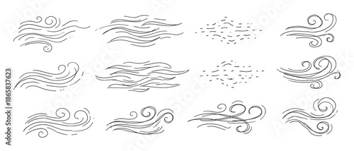 Set of twelve hand-drawn wind icons in a black and white doodle style, featuring various representations of air flow, breeze, gusts, and weather currents with sketchy lines and swirls