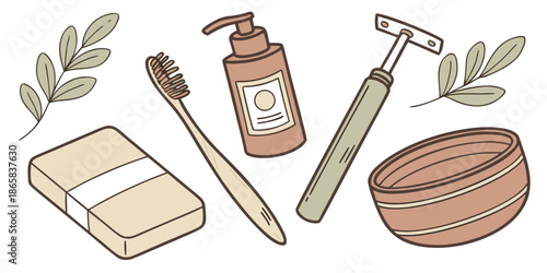 Assortment of sustainable grooming items includes a razor, soap, liquid container, brush, and wooden bowl illustration.