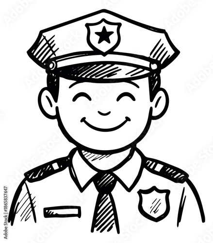 Hand drawn illustration of a smiling police officer depicting a friendly expression for public safety