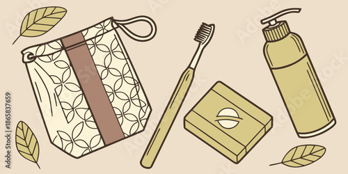 Eco friendly travel kit featuring a patterned pouch, bamboo brush, solid soap, and lotion dispenser are arranged together.