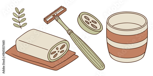 Gentle shaving and natural skincare tools collection featuring a safety razor soap slice cup and botanical element for eco friendly grooming routines