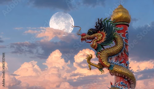 Golden Dragon Statue on Red Pillar Under Full Moon Sky With Wispy Clouds At Dusk
