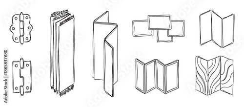 Set of hand-drawn black line sketches showing various objects like door hinges, fabric samples, folded brochures, and room dividers in a simple, minimalist doodle illustration style