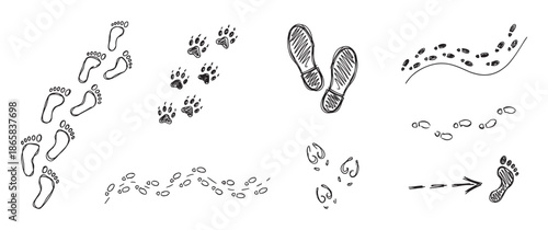 Hand-drawn doodle collection of various footprints including human feet, animal paws, and shoe imprints, illustrating different paths and trails in a black and white sketchy line art style