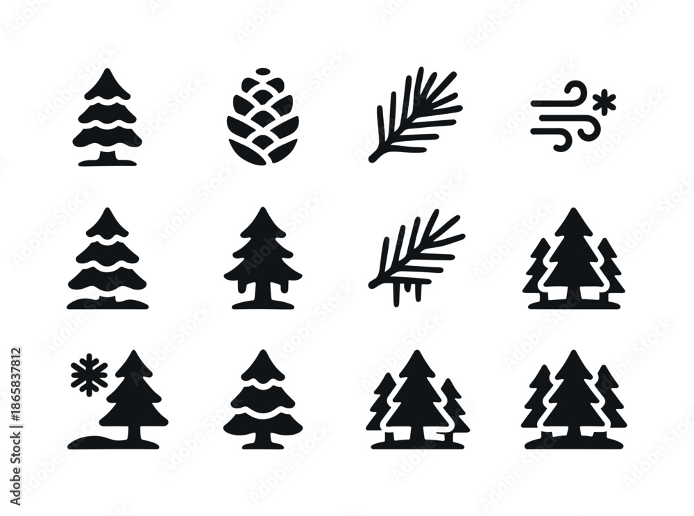 Fototapeta premium Winter Spruce Icons. Winter Spruce Icons. Solid icon set of Winter Spruce Icons: snow-dusted tree, icy pinecone, frosted branch, cold breeze, spruce in snow,