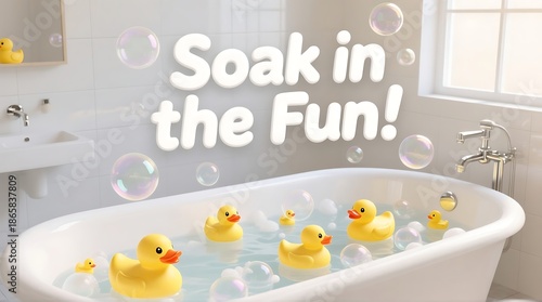 A bathtub filled with rubber ducks and bubbles in a clean bathroom with a window