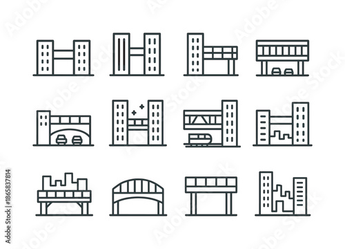 Urban Skybridges Icons. Urban skybridges. Line icon set of Urban skybridges: building connector, office tower link, downtown skywalk, glass enclosure, traffic