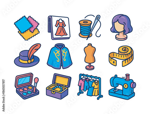 Colorful Costume Icons. Costume design. Colorful isometric vector icons set of costume design: fabric swatches, sketchbook with costume, thread and needle, wig