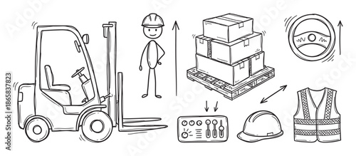 Hand-drawn warehouse and logistics doodle illustrations set featuring a forklift truck, worker, pallet with boxes, and safety equipment in a simple black and white sketch style