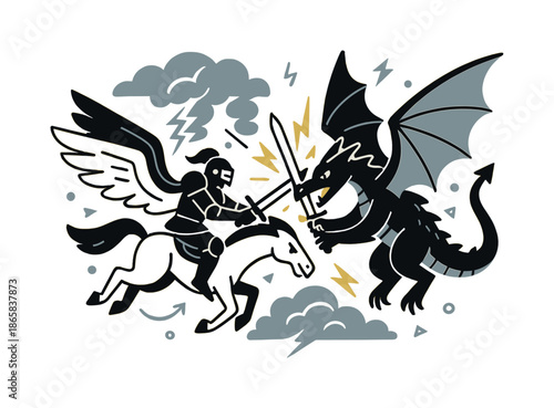 Airborne Duel. Airborne clash. A knight on a flying beast battles a dragon mid-air, blades clashing, wings flared in a chaotic sky. Lightning and clouds swirl