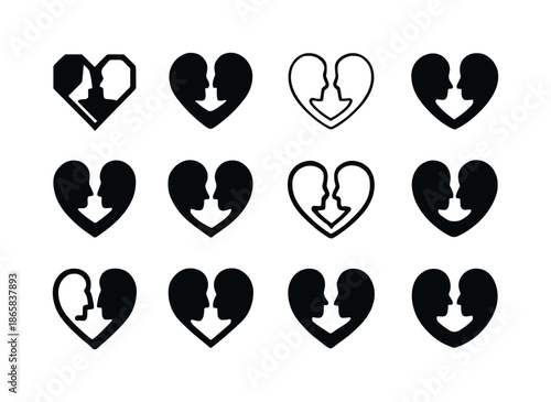 Heart Connection Icons. Forging meaningful connections with others. Icon set. Set Logo of forging meaningful connections with others: heart formed by two