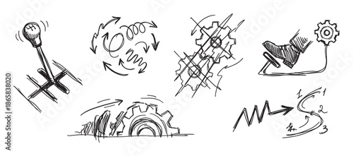 Set of hand-drawn mechanical doodle sketches featuring a car gear stick, interlocking cogs, a foot on a pedal, and various arrows illustrating process, workflow, and movement