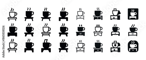 Assorted coffee cup icons and symbols in various styles and arrangements