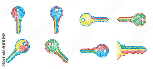 Collection of colorful hand-drawn keys with a textured stamp effect, featuring various shapes and orientations in a playful and artistic design for creative concepts