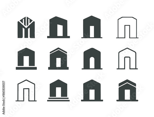 Monolithic Logo Designs. Monolithic building. Icon set. Set Logo of monolithic building: massive block entrance. harmonious logo variations of the same