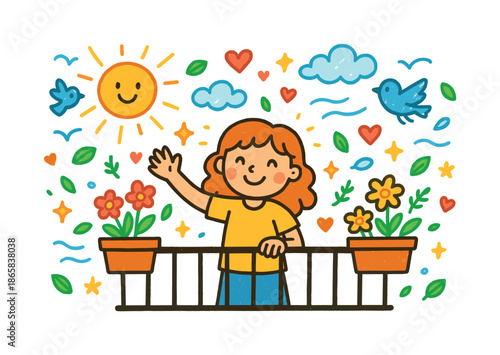 Whimsical Balcony Scene. Balcony Scene. Colorful Hand-drawn doodle Children illustration waving hand, flower pots, railing, birds, breeze lines, hearts, sun,