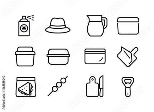 June Picnic Icon Set. June picnic in the park. Line icon set of June picnic in the park: mosquito spray, hat icon, water jug, cooler lid, snack container, food