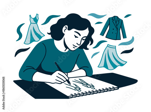 Fashion Designer Sketch. A fashion designer sketching new clothing designs for a runway show. A focused designer leans over a sketchpad, bold lines and flowing