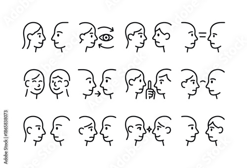 Gaze Interaction Icons. Gaze Interaction. Line icon set of Gaze Interaction: catching someone?s eye, repeated glance, gaze meeting moment, breaking gaze,