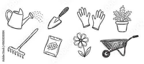 Set of hand drawn gardening equipment icons in a simple black and white doodle style, including a watering can, trowel, gloves, potted plant, rake, seeds, and wheelbarrow