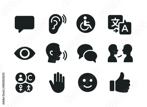Inclusive Communication Icons. Inclusive communication. Solid icon set of Inclusive communication: speech bubble, active listening ear, accessible icon,