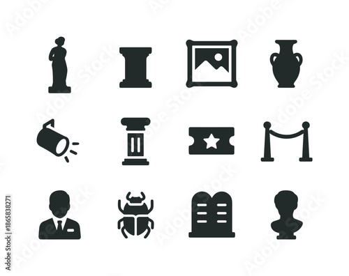 Museum Exhibit Icons. Museum exhibits. Solid icon set of Museum exhibits: statue, pedestal, painting, vase, spotlight, column, ticket, rope barrier, guide,