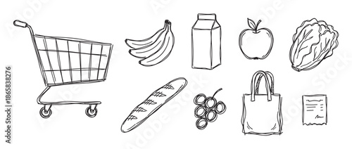 Hand drawn grocery shopping icon set with a cart, food, and a bag in a simple black and white doodle style illustration for market or supermarket concepts