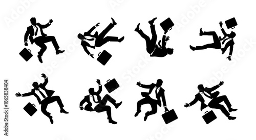 Falling Businessman with Briefcase Silhouette Set.