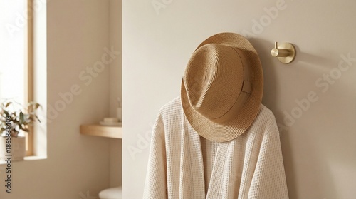 Wall hook with robe and straw hat hanging on light wall  
