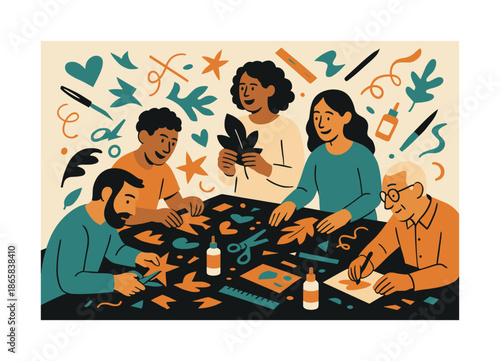 Creative Workshop Buzz. Community workshop. People gathered around a big crafting table; paper cutouts and tools drifting in the air. Warm collaborative buzz.