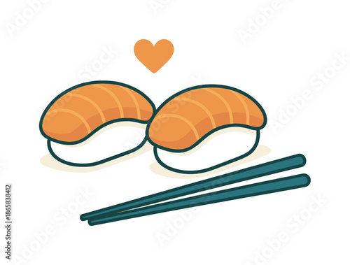 Minimal Nigiri Delight. Minimal nigiri set. Simple salmon and rice pieces with soft shadow curves; chopsticks aligned precisely. A tiny heart icon hovering