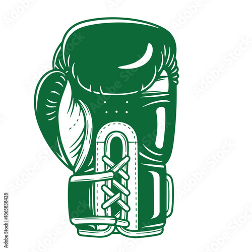 Green boxing glove with white laces and stitching on transparent background