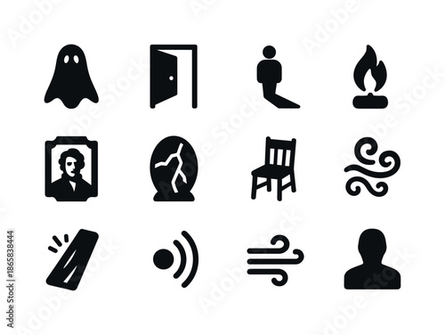 Ghostly Icon Set. Haunting ambience. Solid icon set of Haunting ambience: ghostly silhouette, creaking door, long shadow, flickering flame, ancient portrait,