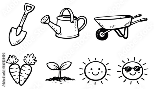 Hand drawn line art garden elements set featuring gardening tools, a sprout, carrots, and happy sun icons for spring and summer projects