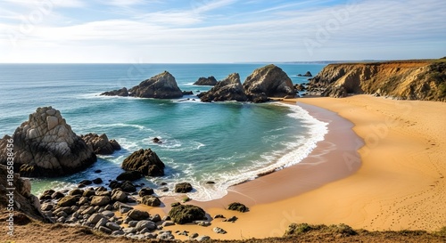 Serene beach with golden sand and dramatic rock formations meeting the turquoise ocean under a clear sky.