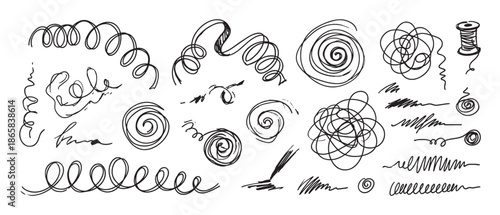 Hand-drawn black doodle scribble elements set featuring chaotic tangled lines, messy spirals, and sketchy coils in an abstract, freehand artistic style for creative design