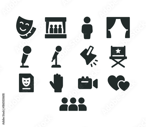 Acting Icons Grid. Acting. Solid icon set of Acting: theater mask, stage, person, curtain, microphone, spotlight, director?s chair, script, hand gesture,