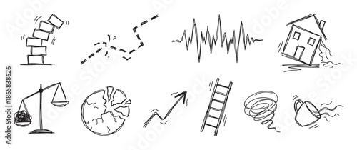 Hand-drawn doodle icons set representing crisis, instability, failure, and disaster with sketchy illustrations of a collapsing house, broken chart, and unbalanced scales
