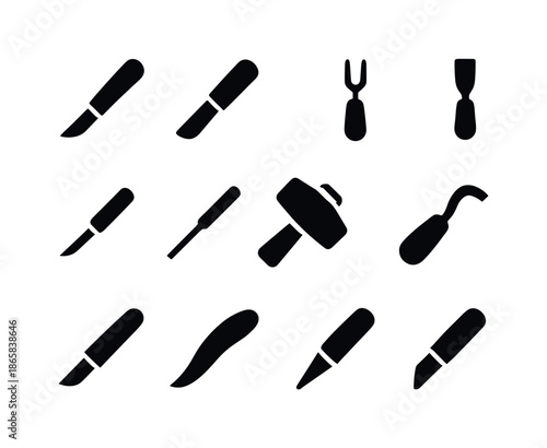 Carving Tools Icons. Carving tools. Solid icon set of Carving tools: carving knife, chisel, gouge, V-tool, U-gouge, detail knife, micro chisel, carving mallet,