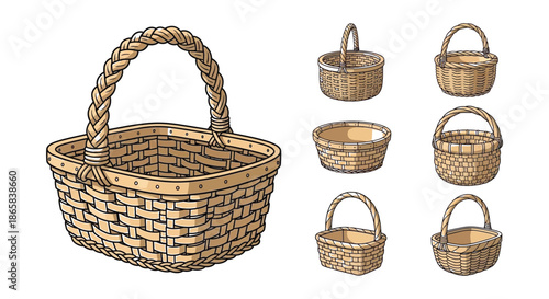 An assortment of vintage style woven baskets in varying sizes and shapes